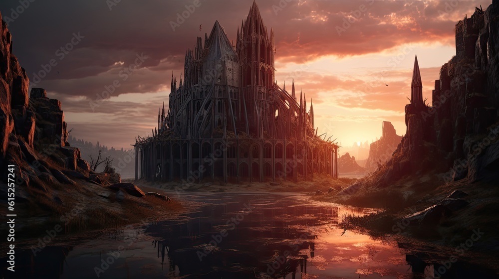 Fototapeta premium Sunset over the river. AI generated art illustration.