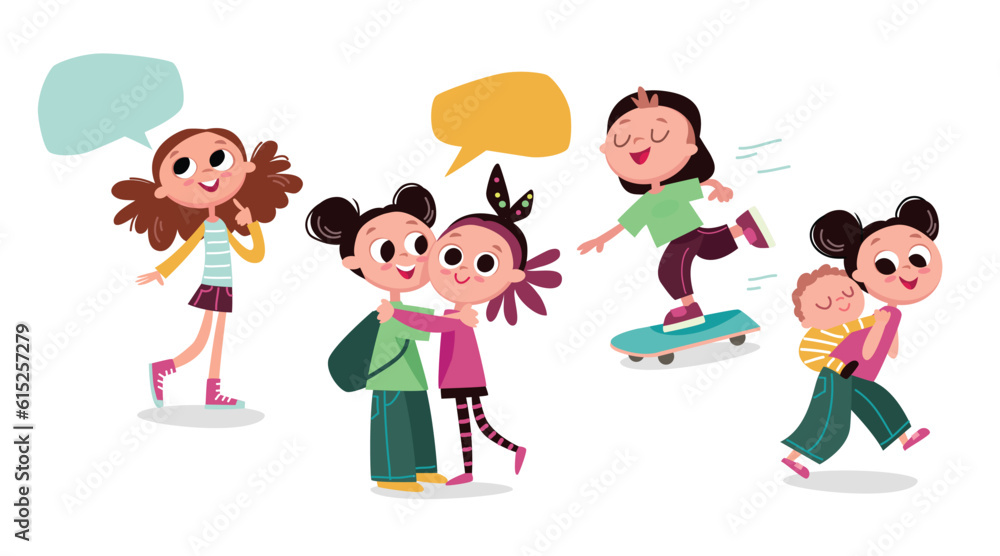 Collection of school kids. Happy joyful children. Best friends. Different activities for children. Sister and brother. Friends hugging. Collection of school kids. Happy joyful children. Best friends. Different activities for children. Sister and brother. Friends hugging.