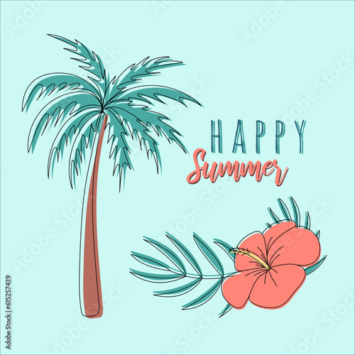 Holiday summer letters with tropical summer elements. Cartoon outline drawing and flat background objects. Palmtree, leaves, hibiscus flow and Happy Summer lettering 