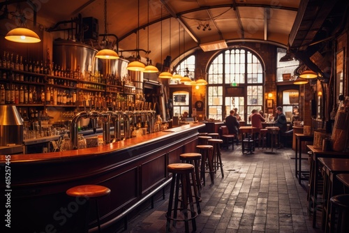 The lively atmosphere of the empty brewery pub. Generative AI