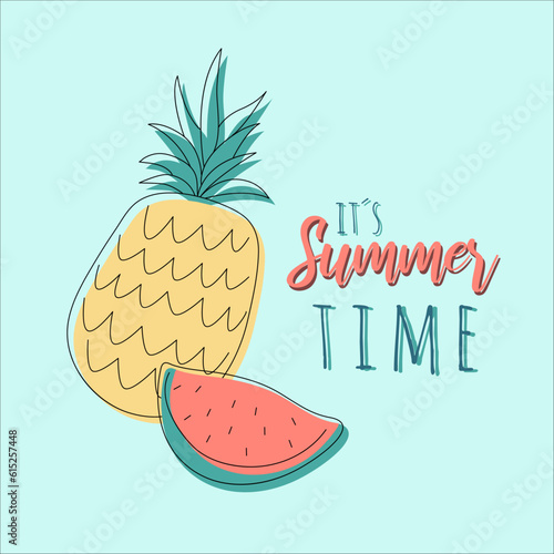 Holiday summer letters with tropical summer elements. Cartoon outline drawing and flat background objects. Ananas, watermelon and It´ s summer time