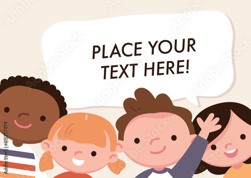 Happy children wave hands. Cute joyful children with simple background ad place for text. Smiley faces.