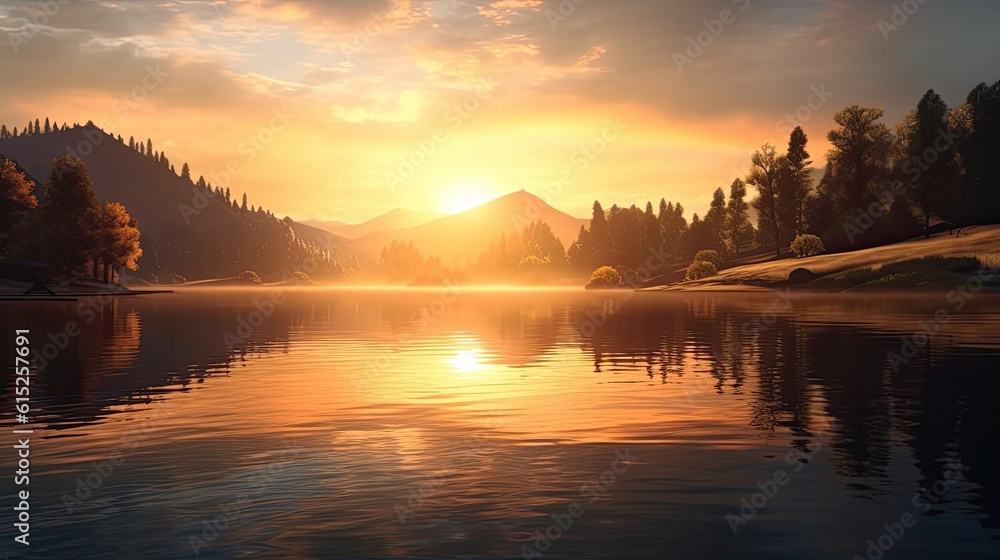 Fototapeta premium Sunset over lake. AI generated art illustration.