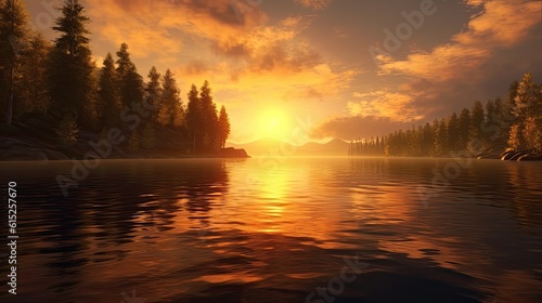 Sunset over lake. AI generated art illustration.  © Дима Пучков