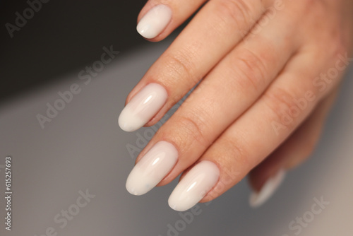 Manicure nude. Nude milky manicure. Long nails. Gel polish coating 