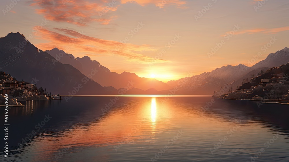 Sunset over lake. AI generated art illustration.
Sunset over lake. AI generated art illustration.