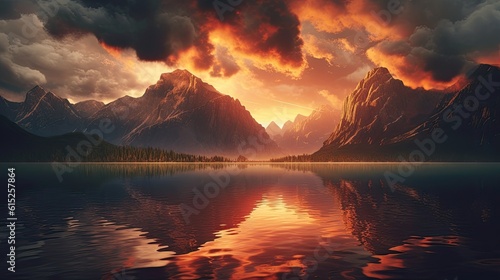 Sunset over lake. AI generated art illustration.  © Дима Пучков