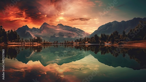 Sunset over lake. AI generated art illustration. 