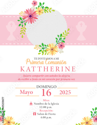 Invitación Primera Comunion para niña color rosa con flores, elegante y bonita.