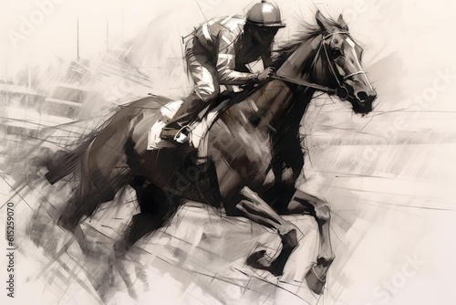 jockey sprinting with the horse, charcoal pencil drawing. Horse racing vintage style horizontal poster. photo