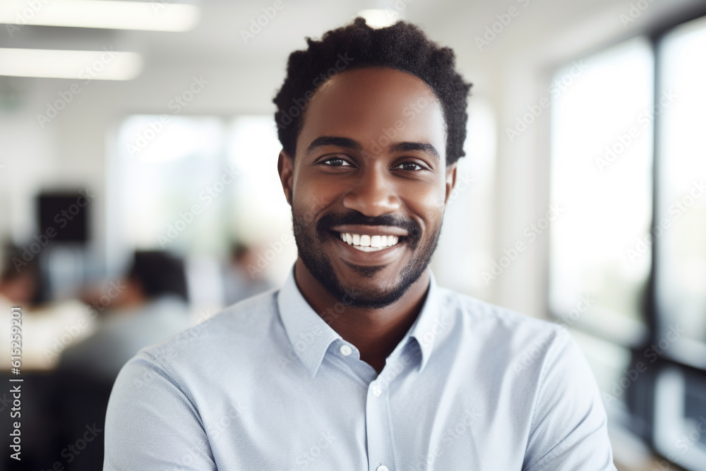 Portrait of a black guy in a modern office setting. Diversity and representation in the workplace, Symbolizes confidence, professionalism, and success. Generative AI Technology. Portrait of a black guy in a modern office setting. Diversity and representation in the workplace, Symbolizes confidence, professionalism, and success. Generative AI Technology.