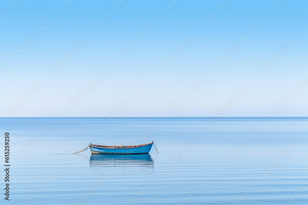 Serene beauty and tranquility of a wooden boat on a calm lake in the early morning. With the soft light and gentle ripples on the water, solitude, and connection with nature. Generative AI Technology.