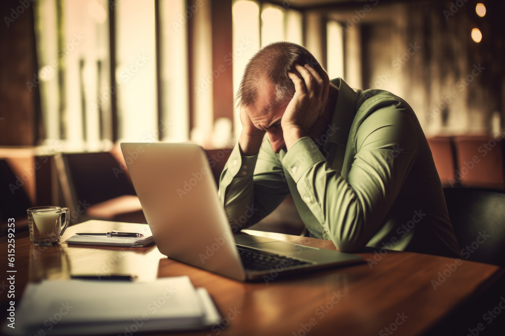 Man experiencing a headache or disappointment in the office. With his hand on his forehead and a troubled expression, stress, pressure, and emotional discomfort. Generative AI Technology.