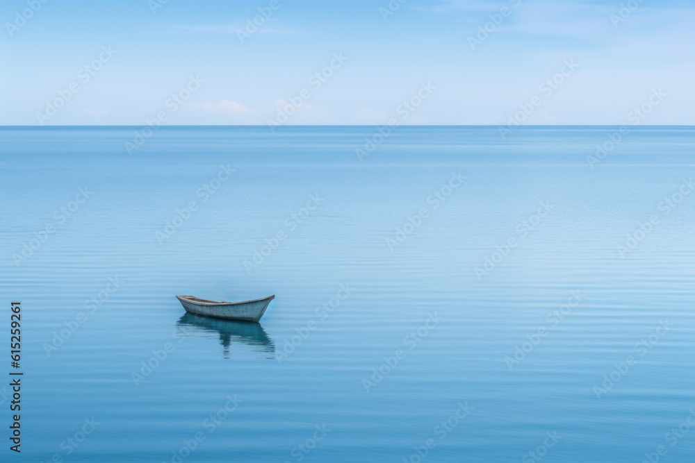 Serene beauty and tranquility of a wooden boat on a calm lake in the early morning. With the soft light and gentle ripples on the water, solitude, and connection with nature. Generative AI Technology.