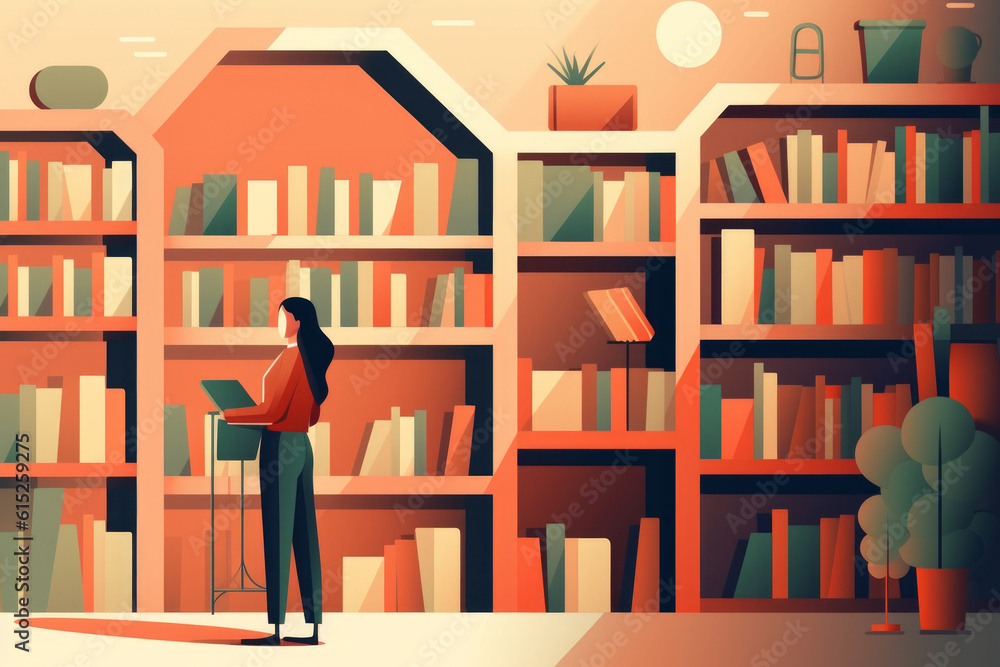 Girl reading a book in the quiet ambiance of a library. Character inspires a sense of curiosity, learning. Education, research, literacy, storytelling, and personal growth. Generative AI Technology. Girl reading a book in the quiet ambiance of a library. Character inspires a sense of curiosity, learning. Education, research, literacy, storytelling, and personal growth. Generative AI Technology.