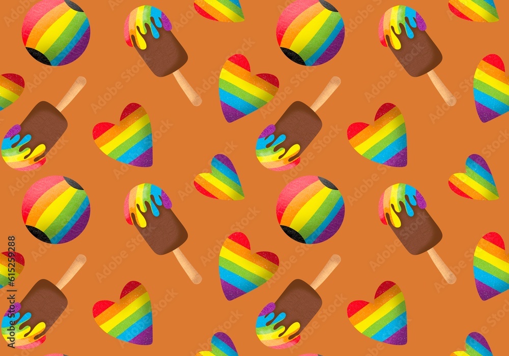 Cartoon summer rainbow seamless ice cream and hearts and ball pattern for wrapping paper and fabrics 