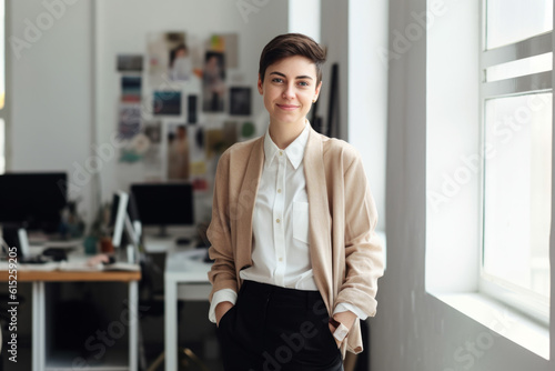 Androgynous person working in office, concepts of inclusivity and diversity. Equality, acceptance, and representation, individuality and challenges traditional gender roles. Generative AI Technology. photo