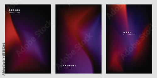 Colorful, dark, and fluid gradient mesh background template copy space set. Dark colour gradient backdrop design for poster, leaflet, banner, cover, pamphlet, magazine, or booklet. © Graito