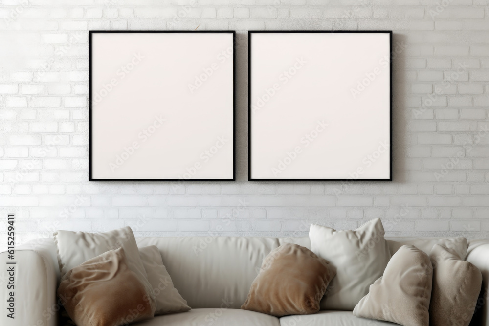 Room featuring several large paintings hung above a modern and comfortable sofa. Interior design, home decor. Generative AI Technology. Room featuring several large paintings hung above a modern and comfortable sofa. Interior design, home decor. Generative AI Technology.