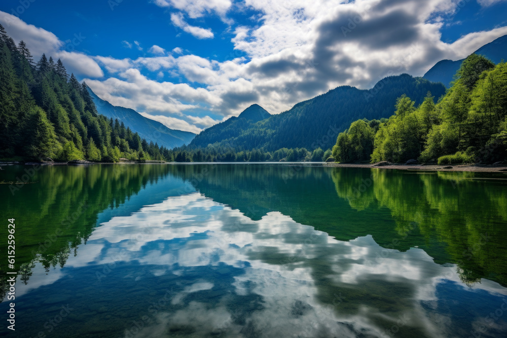 Tranquility of a mountain lake landscape. The calm and reflective waters give a sense of peace and stillness, surrounded by the vastness of the surrounding mountain ranges. Generative AI Technology.