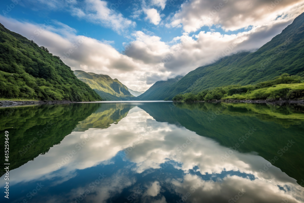 Tranquility of a mountain lake landscape. The calm and reflective waters give a sense of peace and stillness, surrounded by the vastness of the surrounding mountain ranges. Generative AI Technology.