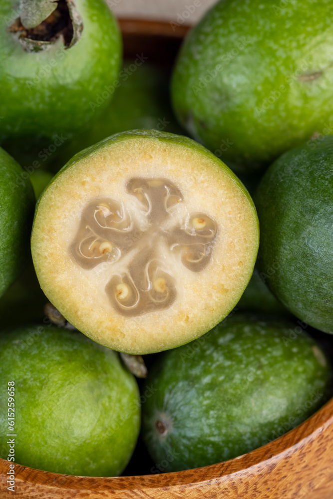 Delicious sweet and sour green feijoa on the table Delicious sweet and sour green feijoa on the table