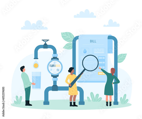 Payment of water bills vector illustration. Cartoon tiny people hold magnifying glass to check paper receipt for water supply, reduce natural resource consumption according to meter readings on pipe