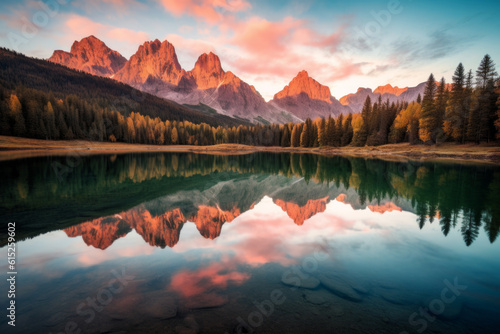Tranquility of a mountain lake landscape. The calm and reflective waters give a sense of peace and stillness  surrounded by the vastness of the surrounding mountain ranges. Generative AI Technology.
