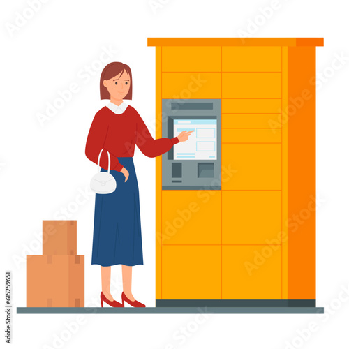 Cartoon woman using packstation in automat locker with display to receive or send parcels in paper boxes, delivery and storage of packages in postomat. Self service in post office vector illustration
