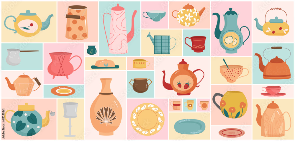 Fototapeta premium Cartoon cute colored glass and ceramic crockery with different pattern, tableware for tea ceremony and breakfast in geometric collage background. Kitchen utensils for tea party set vector illustration