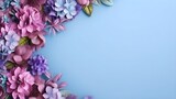 Frame from flowers on a blue wall, artistic illustration. Generative AI