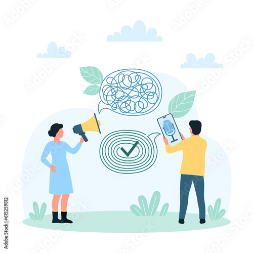 Bad communication, rational explanation of information vector illustration. Cartoon involved tiny people with megaphone and mobile phone communicate in speech bubbles, solve misunderstandings