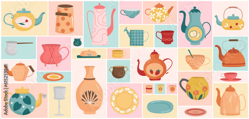 Cartoon cute colored glass and ceramic crockery with different pattern, tableware for tea ceremony and breakfast in geometric collage background. Kitchen utensils for tea party set vector illustration