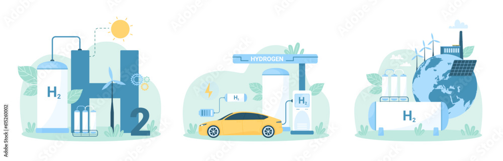 Green hydrogen production, storage and refueling car set vector illustration. Cartoon wind turbine and solar panel technology to produce electricity for electrolysis of water, H2 fuel generation