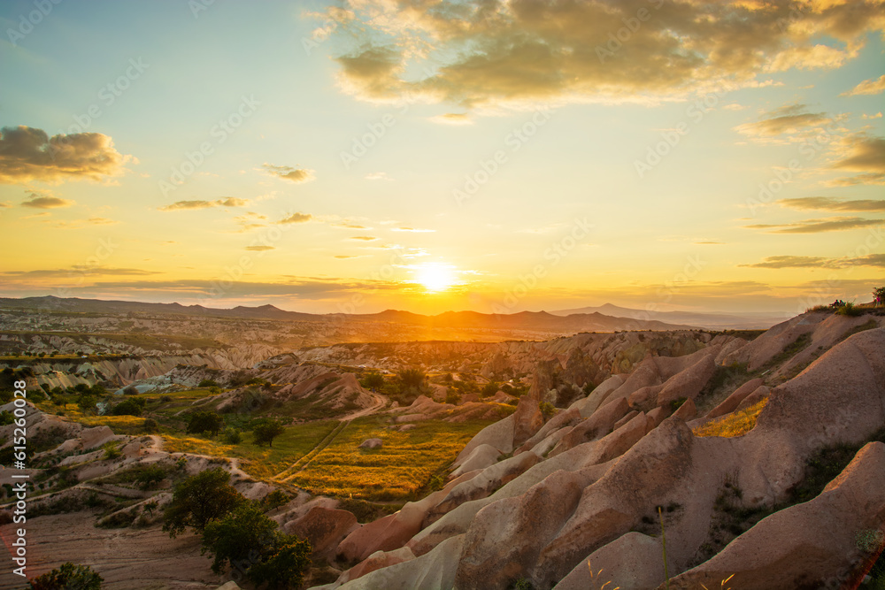 sunset in Cappadocia region. One of the most beautiful sunset watching spots in the region is the 
