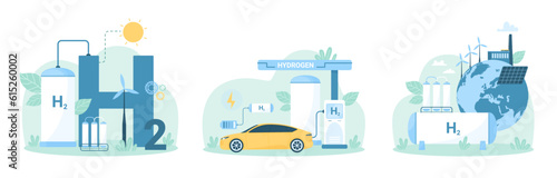 Green hydrogen production, storage and refueling car set vector illustration. Cartoon wind turbine and solar panel technology to produce electricity for electrolysis of water, H2 fuel generation