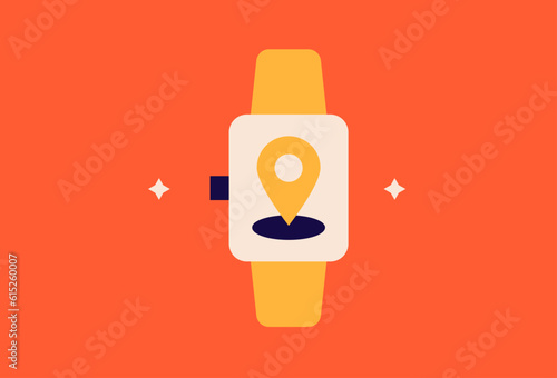 Navigation app on the smart watch illustration in flat style design. Vector illustration. 