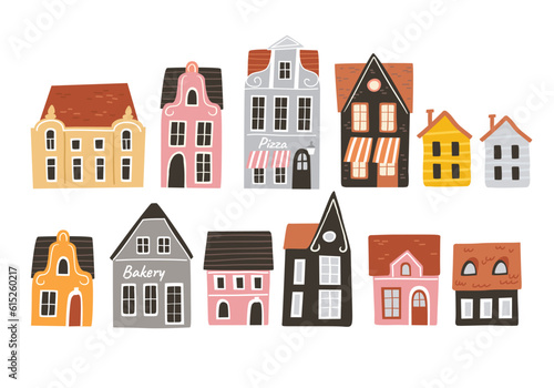 Set of cute cozy houses. Colourful buildings.