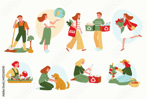 People recycle trash, plant and care about nature. Eco friendly. eco-friendly behavior. Environmentally friendly people.