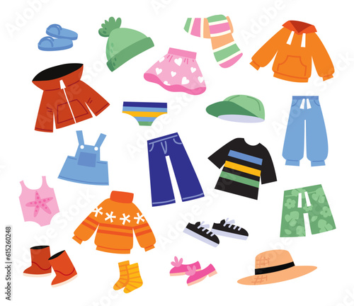 Collection of different children clothes. Elements of wardrobe.