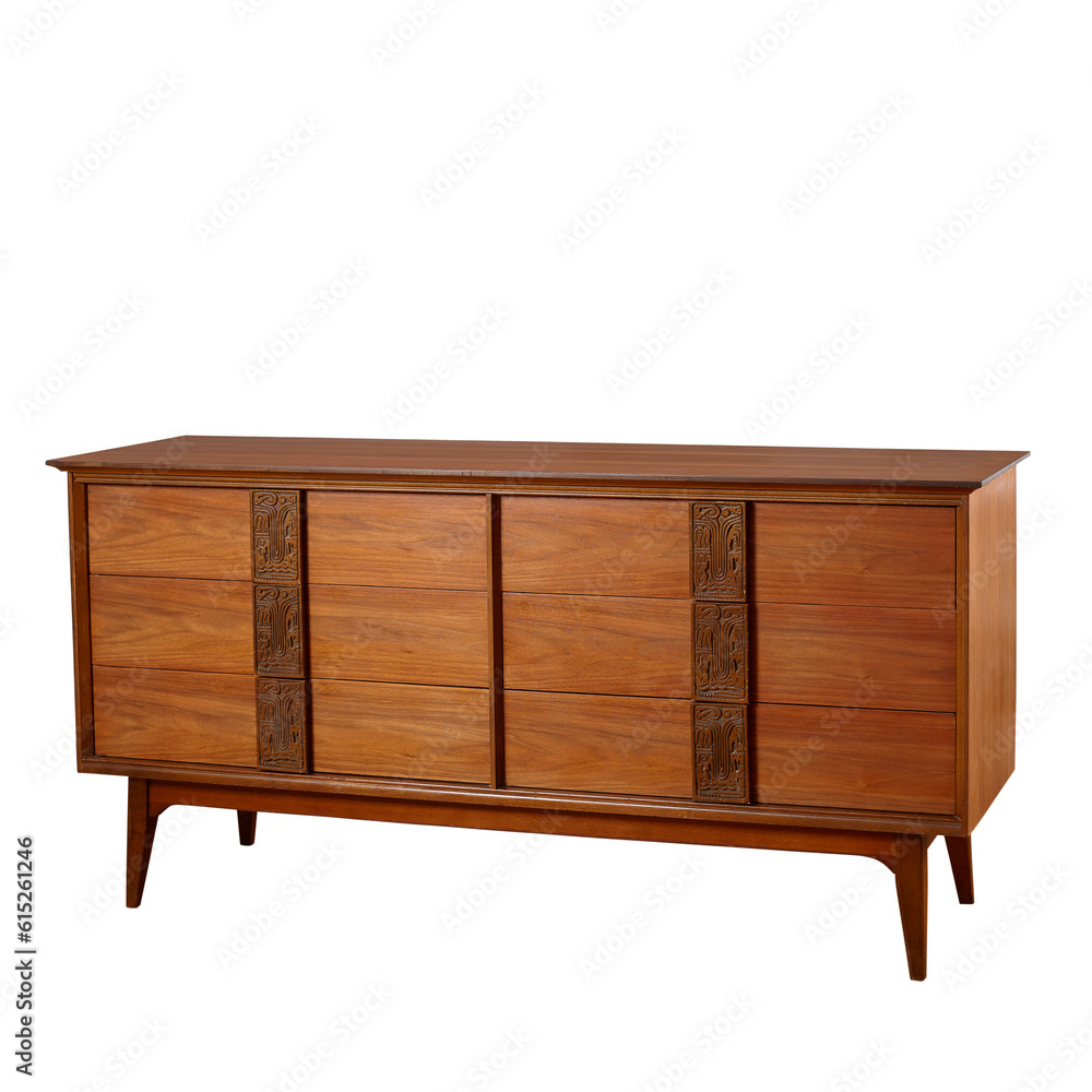Vintage Mid-Century Modern Dresser. Walnut furniture. No background png.