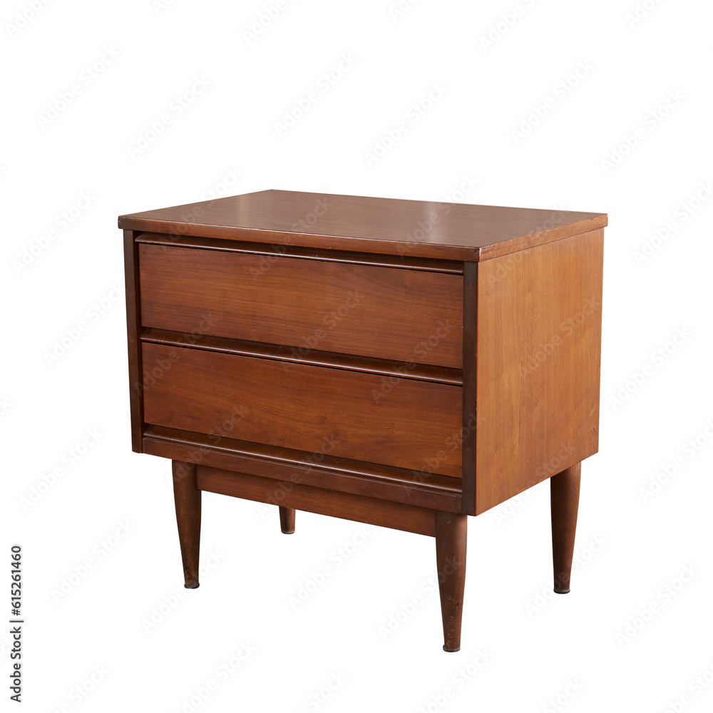 Two-drawer wooden nightstand. Mid-century modern furniture. No background png. Two-drawer wooden nightstand. Mid-century modern furniture. No background png.