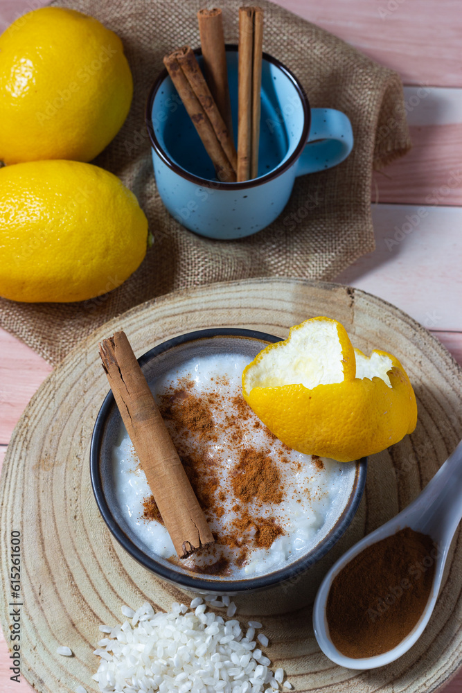 Delicious rice pudding with lemon and a touch of cinnamon. Homemade desserts. Typical Spanish pastries Delicious rice pudding with lemon and a touch of cinnamon. Homemade desserts. Typical Spanish pastries