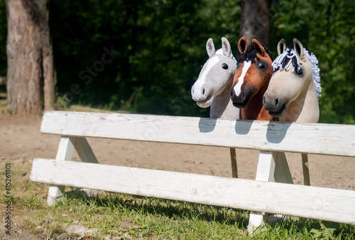 Three hobby horses are waiting for the riders. Equestrian sports. Equestrian equipment. Sports. Summer. The sun. Banner. Outdoors. Close-up