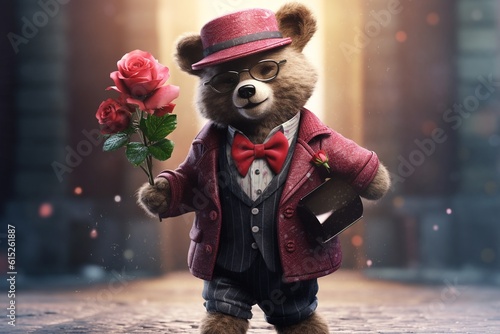 Fototapeta Naklejka Na Ścianę i Meble -  Stylish Teddy bear holding bouquet of red roses on valentines day. Generative ai