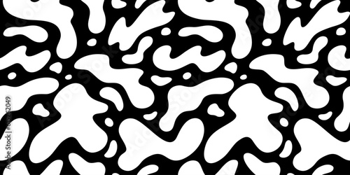 Seamless Pattern with Liquid White Shapes on Black Background. Abstract Monochrome Bg. Vector Texture with Blobs and Splashes