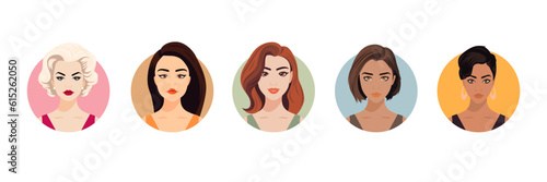 Vector Woman Avatar Set. Beautiful Young Girls Portrait Collection, Different Hairstyle. Female Face Types, Different Nationalities Portraits. Cartoon Multiethnic Society in Flat Style. Front View
