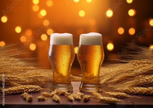 Photo of lager beer with beer glowing glass and weat, cheers to happy beer day .Ai generated