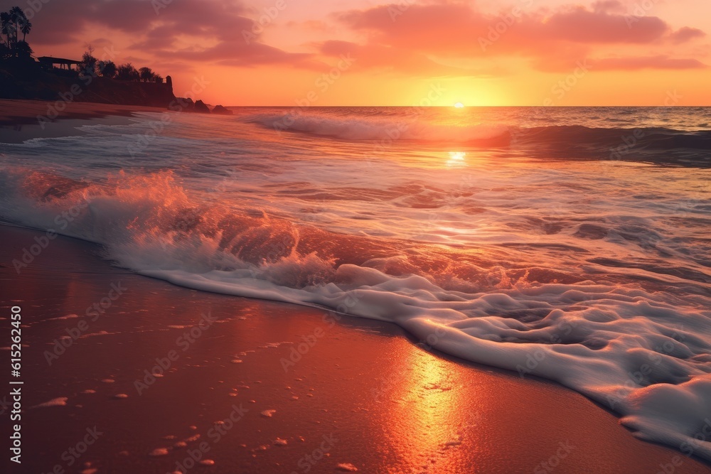A realistic image of a sunset on the beach, with warm orange and pink tones in the sky, and waves gently lapping at the shore. Generative AI.