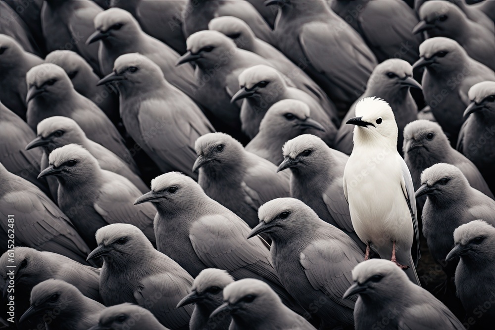 Obraz premium Standing out from the crowd , white bird standing between many grey birds. Generative AI.